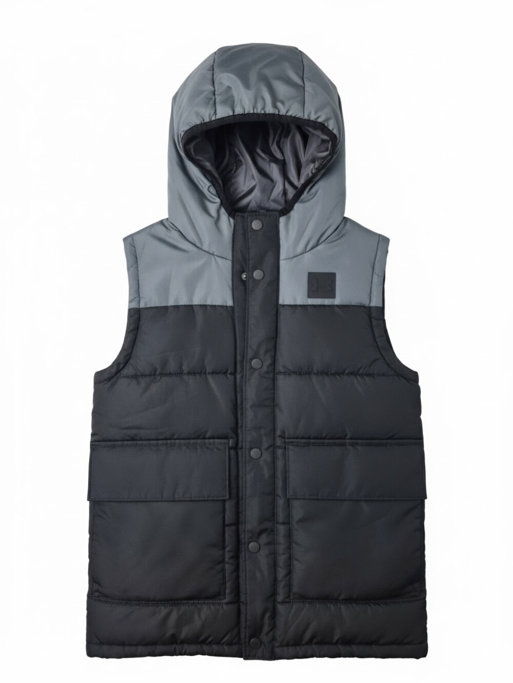 Under Armour Youth Med Hooded Puffer Vest Grey Black Insulated Snap 10/12 YMD